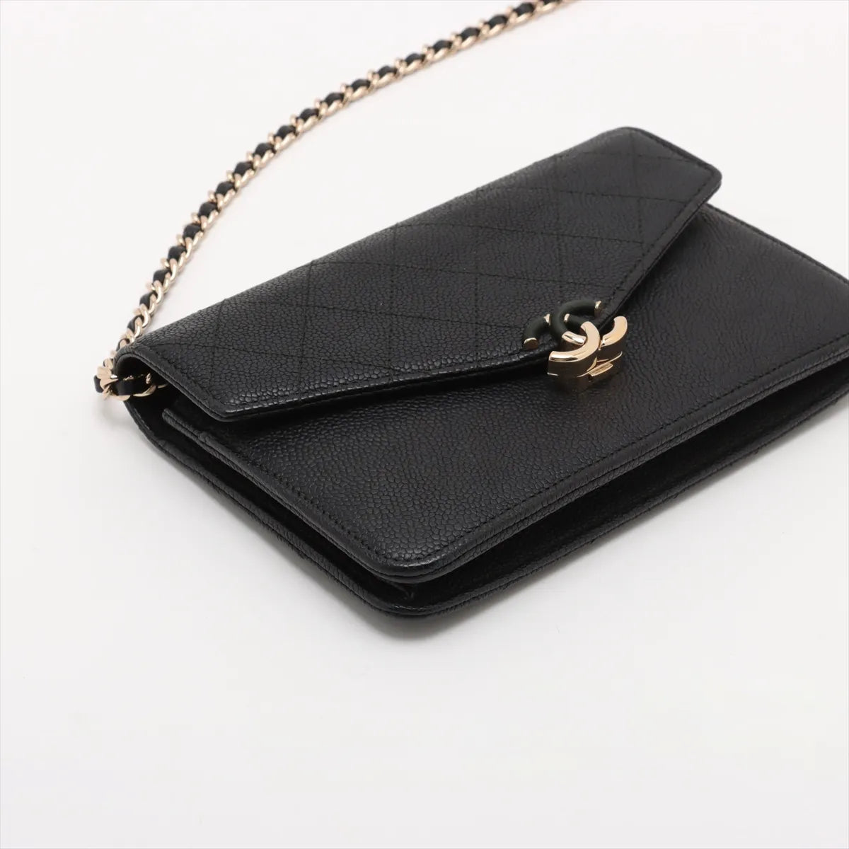 Chanel CC Logo Caviar Skin Chain Wallet Bag Black