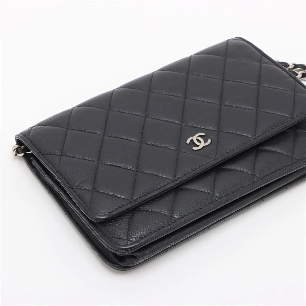 Chanel CC Logo Matelasse Caviar Skin Wallet on Chain Navy Blue