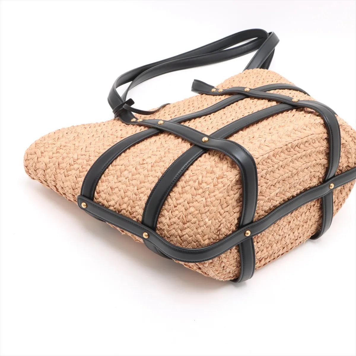 Saint Laurent Paris Panier Raffia Leather Straw Bag Beige x Black
