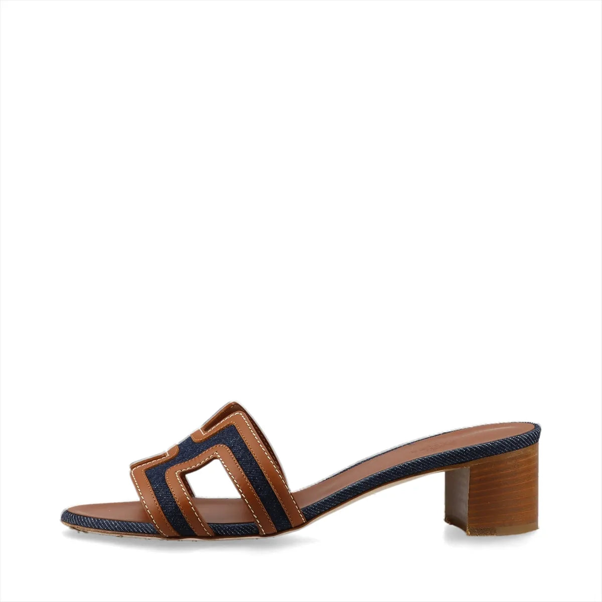 Hermes Oasis Denim & Leather Block Heel Sandals Brown x Denim