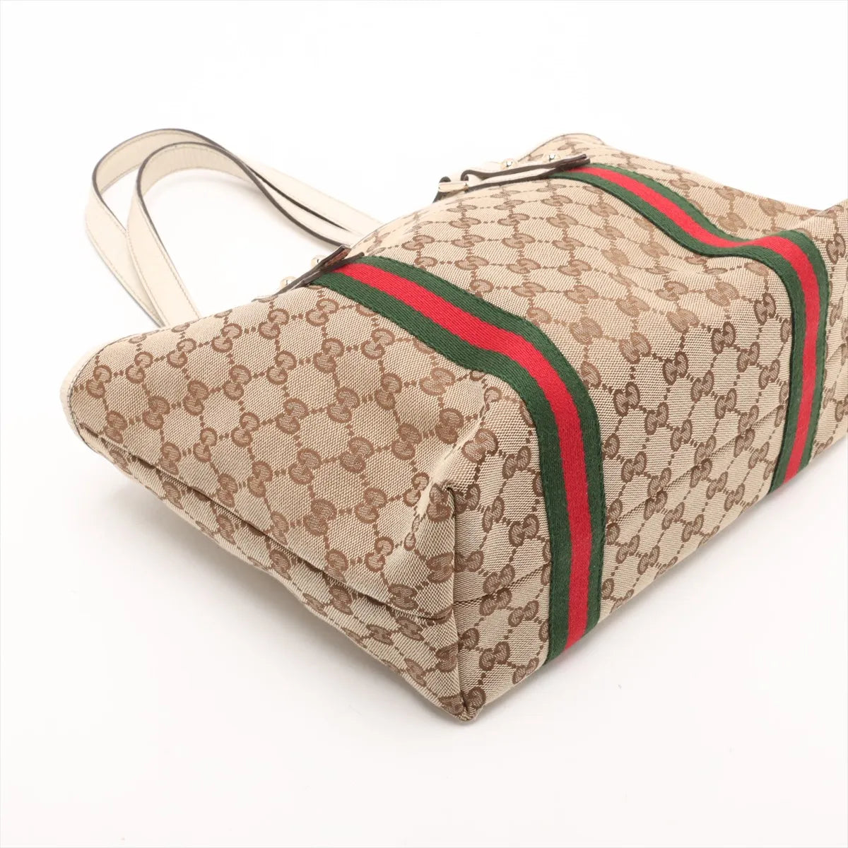 Gucci GG Logo Canvas Leather Tote Bag Beige x White