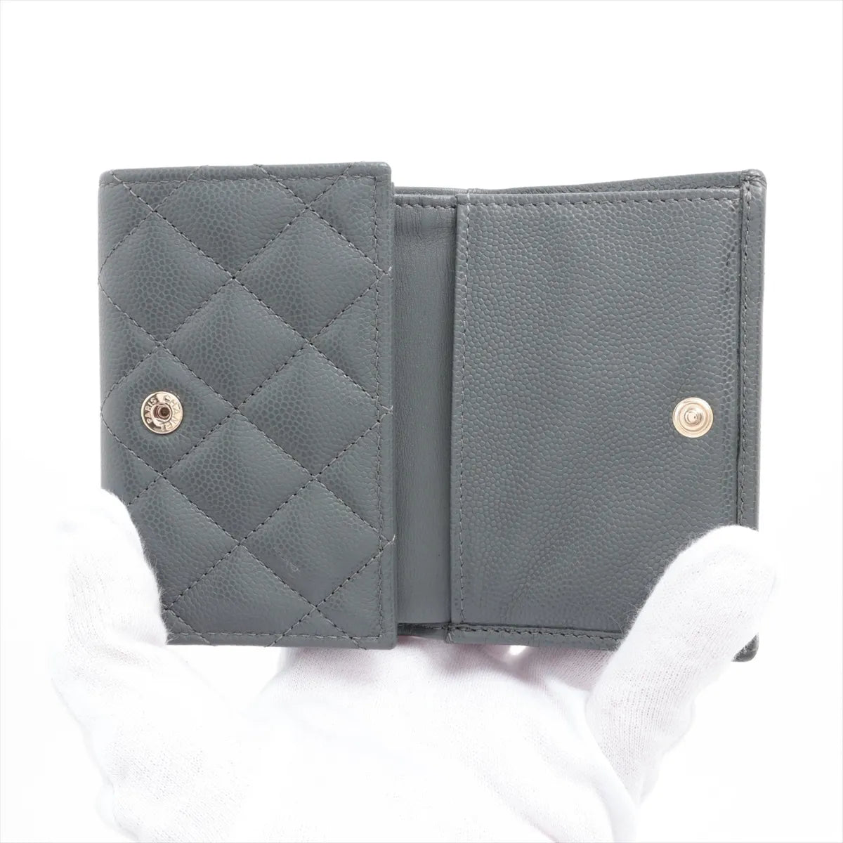 Chanel CC Logo Matelasse Caviar Skin Compact Wallet Gray