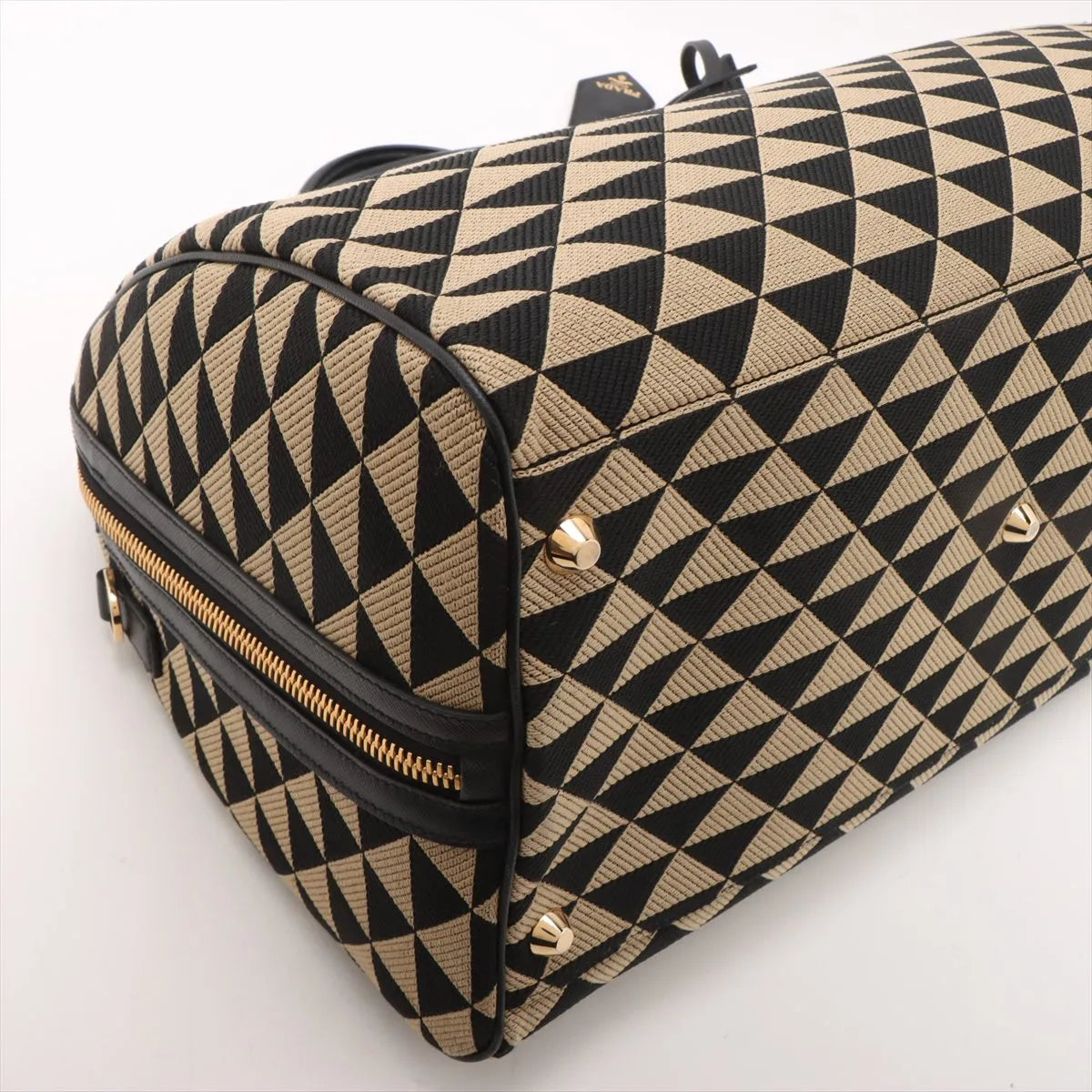 Prada Embroidery Fabric x Leather Two-Way Boston Bag Beige x Black