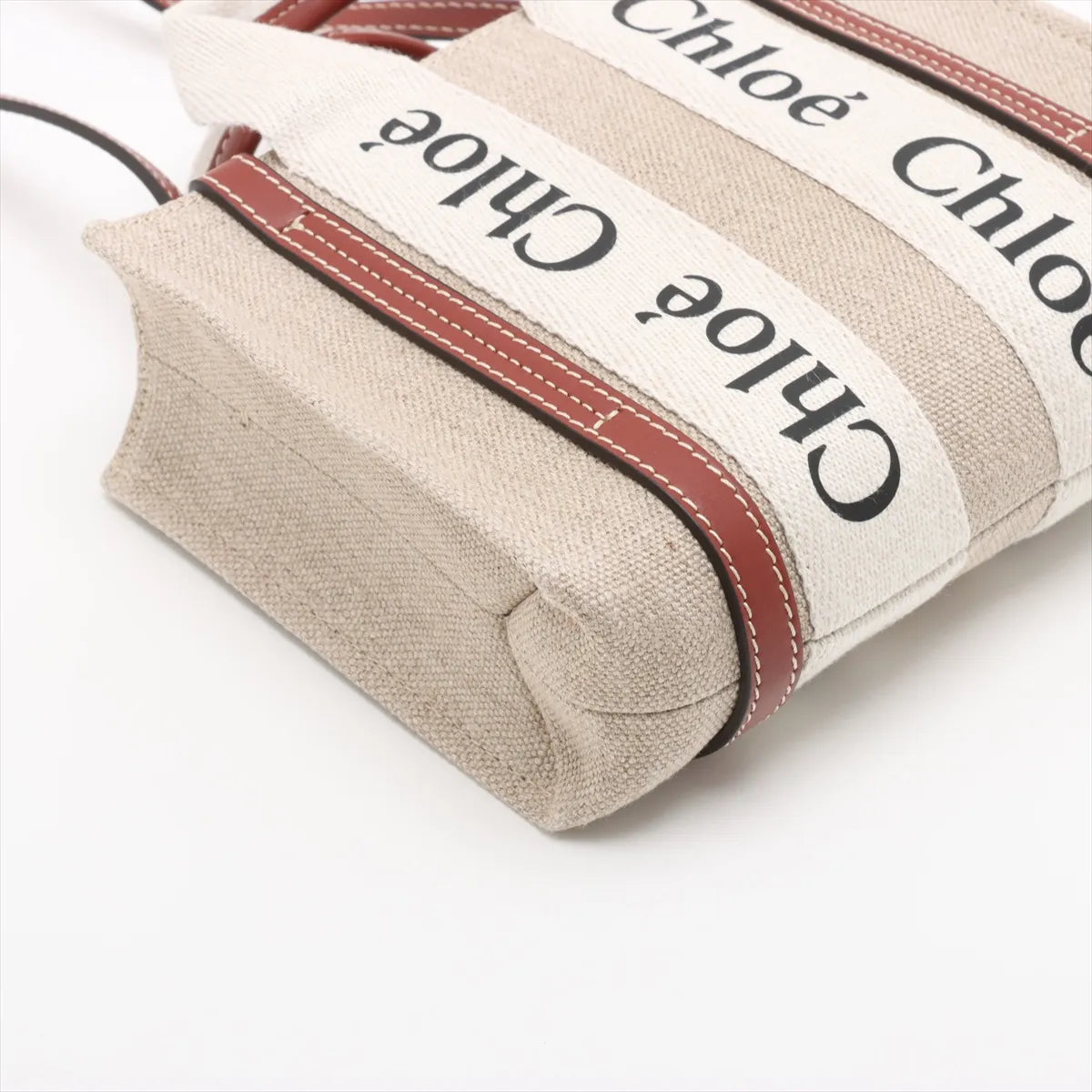 Chloe Woody Nano Canvas Leather Two-Way Handbag Beige×Brown