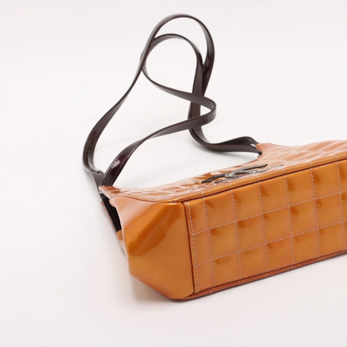 Chanel CC Logo Chocolate Bar Patent Leather Shoulder Bag Gold x Brown