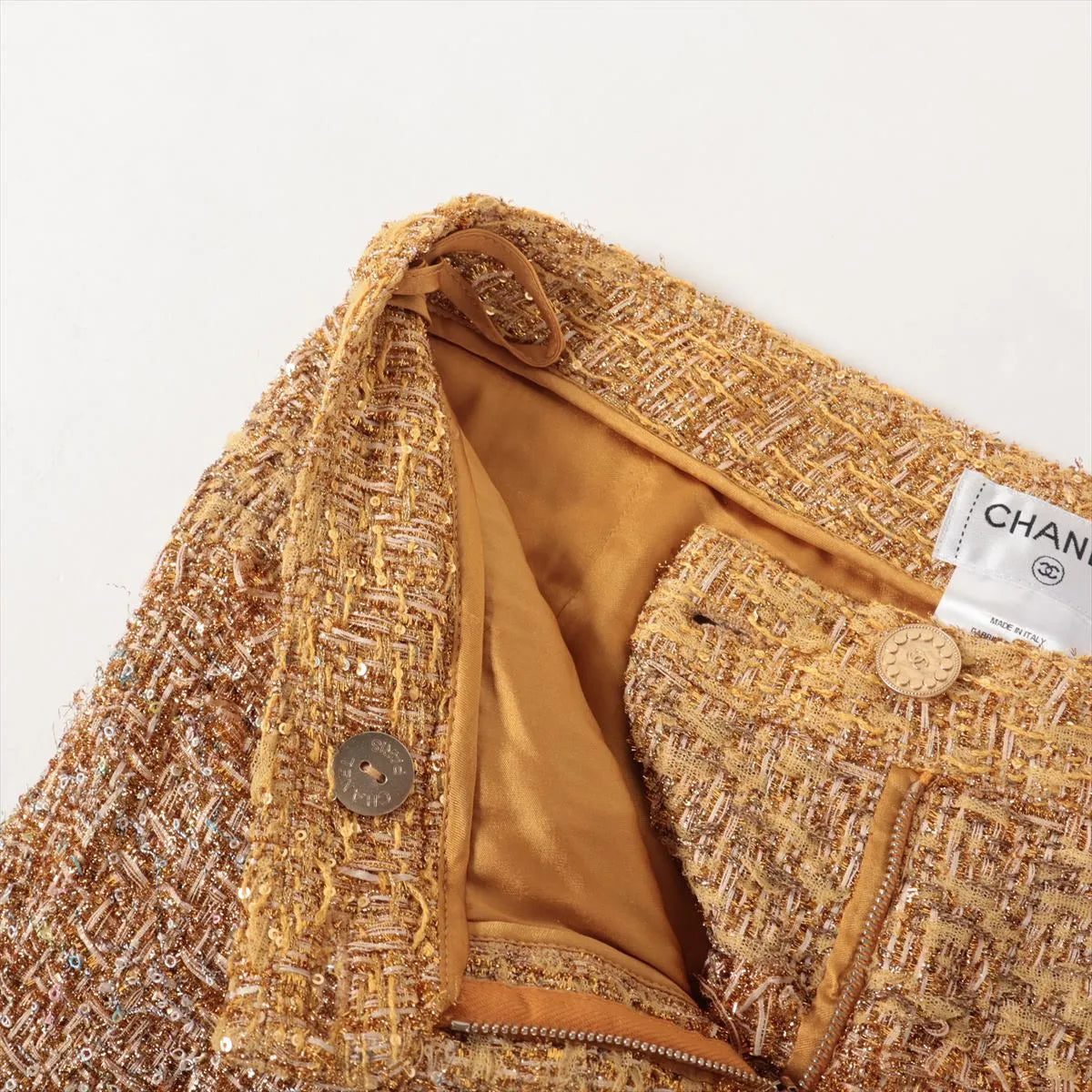 Chanel CC Logo Button Shimmer Polyester Pants Gold