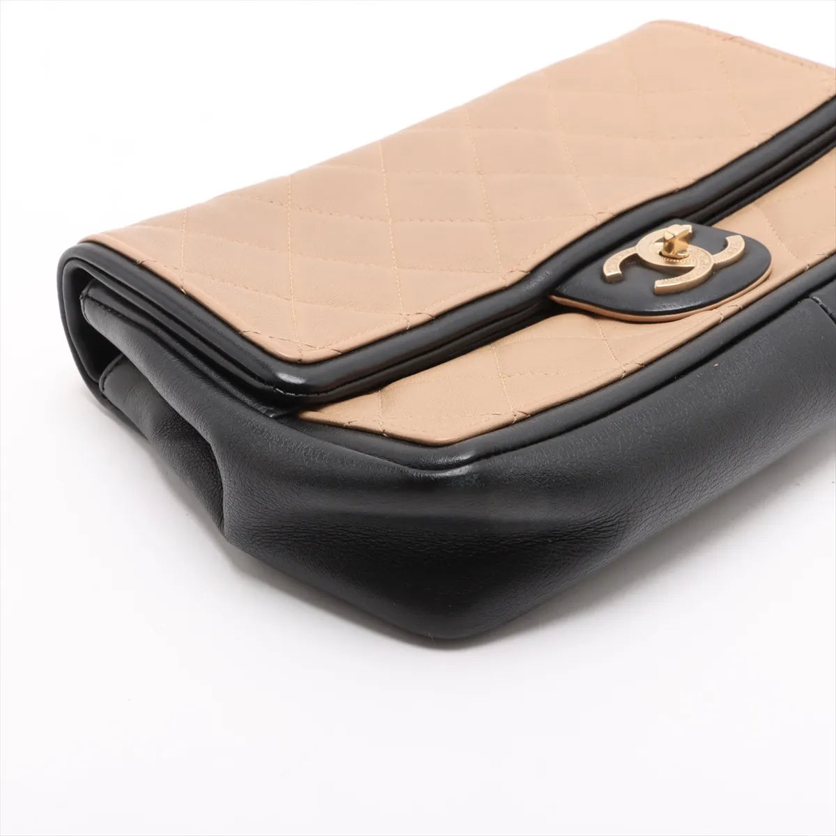 Chanel CC Logo Matelasse Leather Single Flap Double Chain Bag Beige x Black