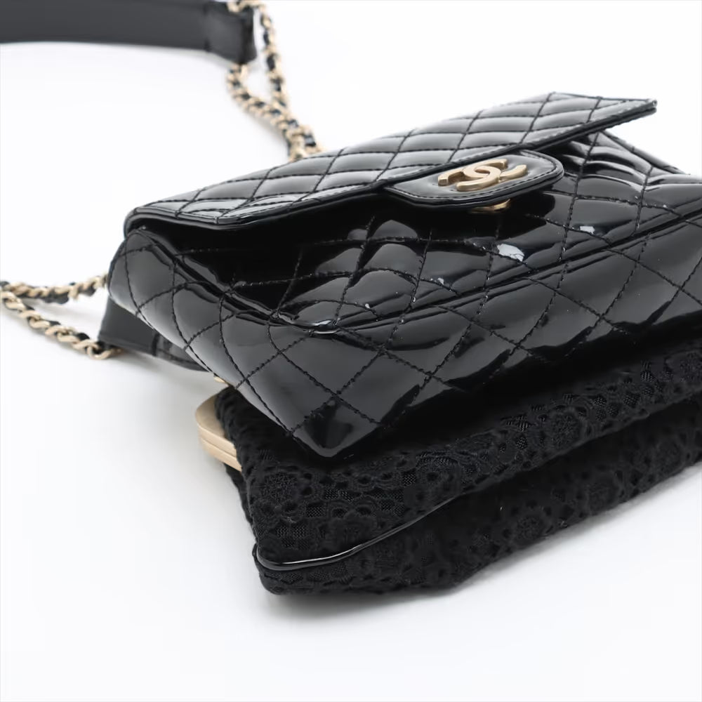 Chanel CC Logo Matelasse Patent Leather Cotton Chain Gamaguchi Shoulder Bag Black