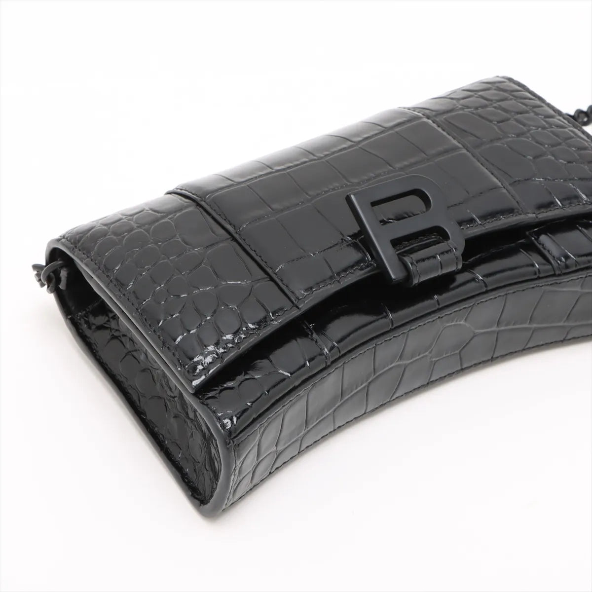 Balenciaga Hourglass Crocodile Wallet on Chain Black