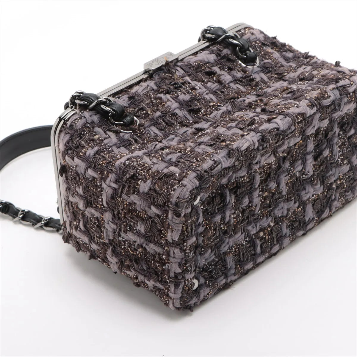 Chanel Paris New York Line Tweed Vanity Chain Handbag Gray X Black