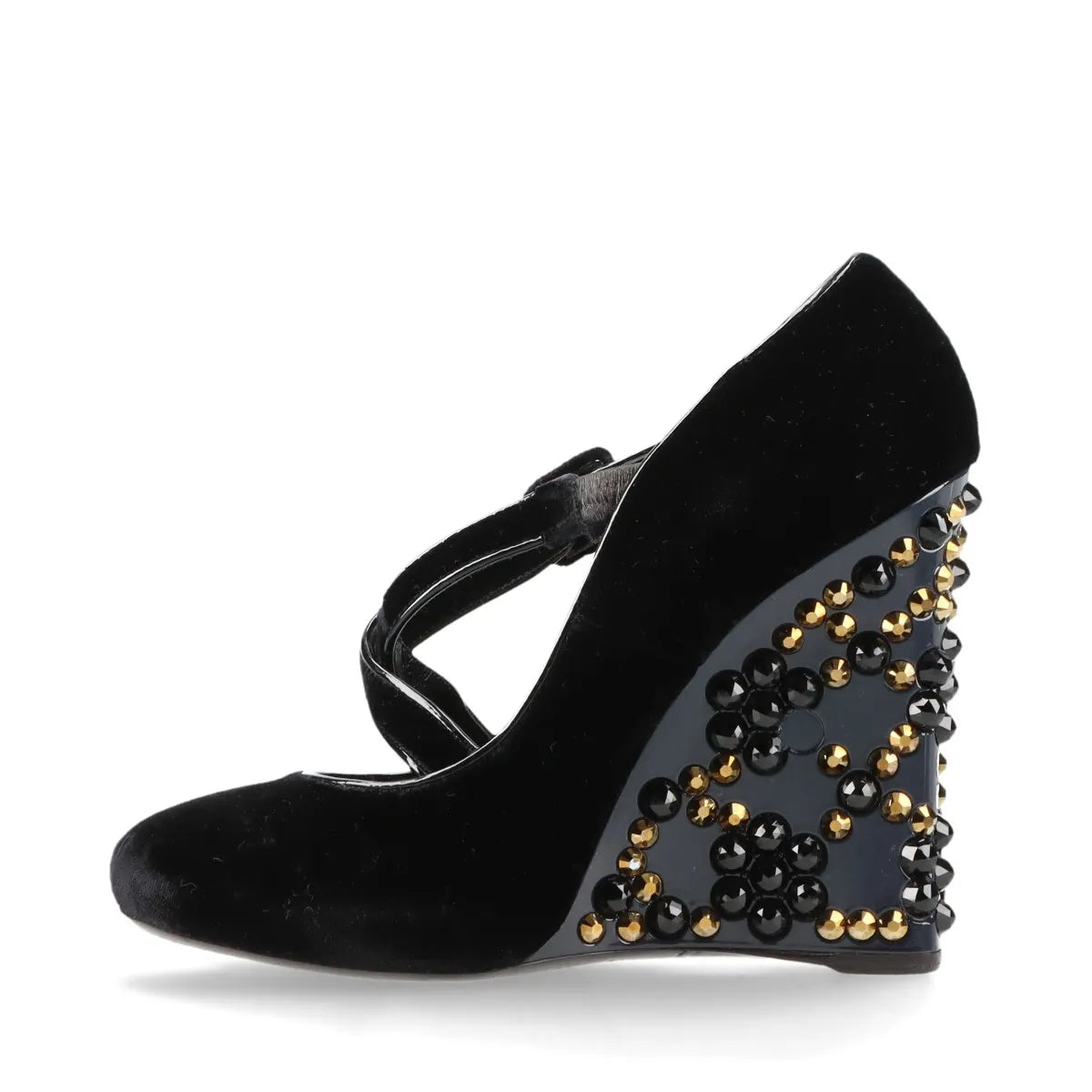 Louis Vuitton Veau Velours Strap Wedge Stud Pumps Black