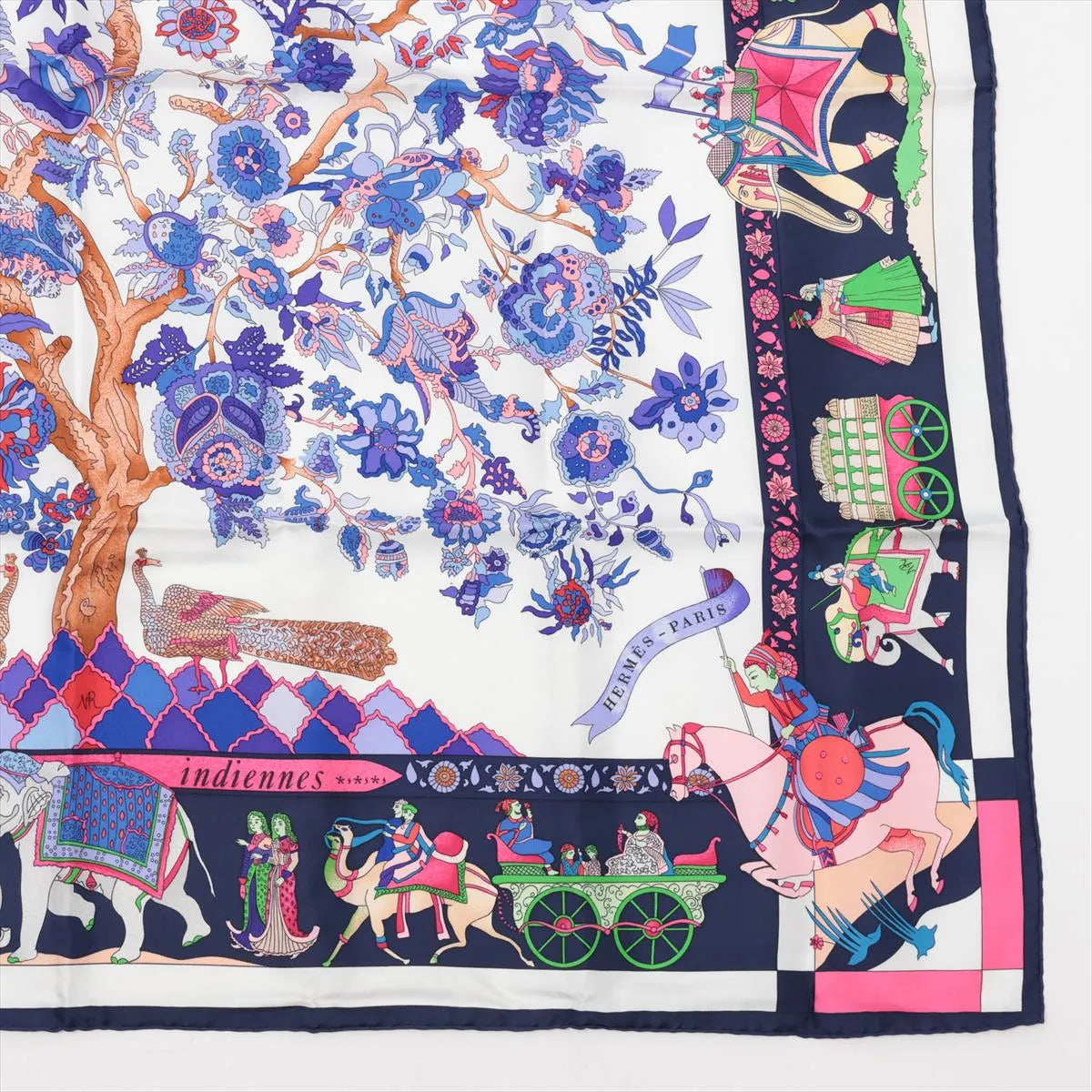 Hermès Carré 90 Fantaisies Indiennes Dazzling India Silk Scarf Navy Blue