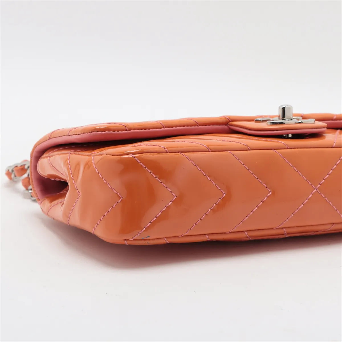Chanel CC Logo Chevron Patent Leather Single Flap Double Chain Bag Salmon x Pink