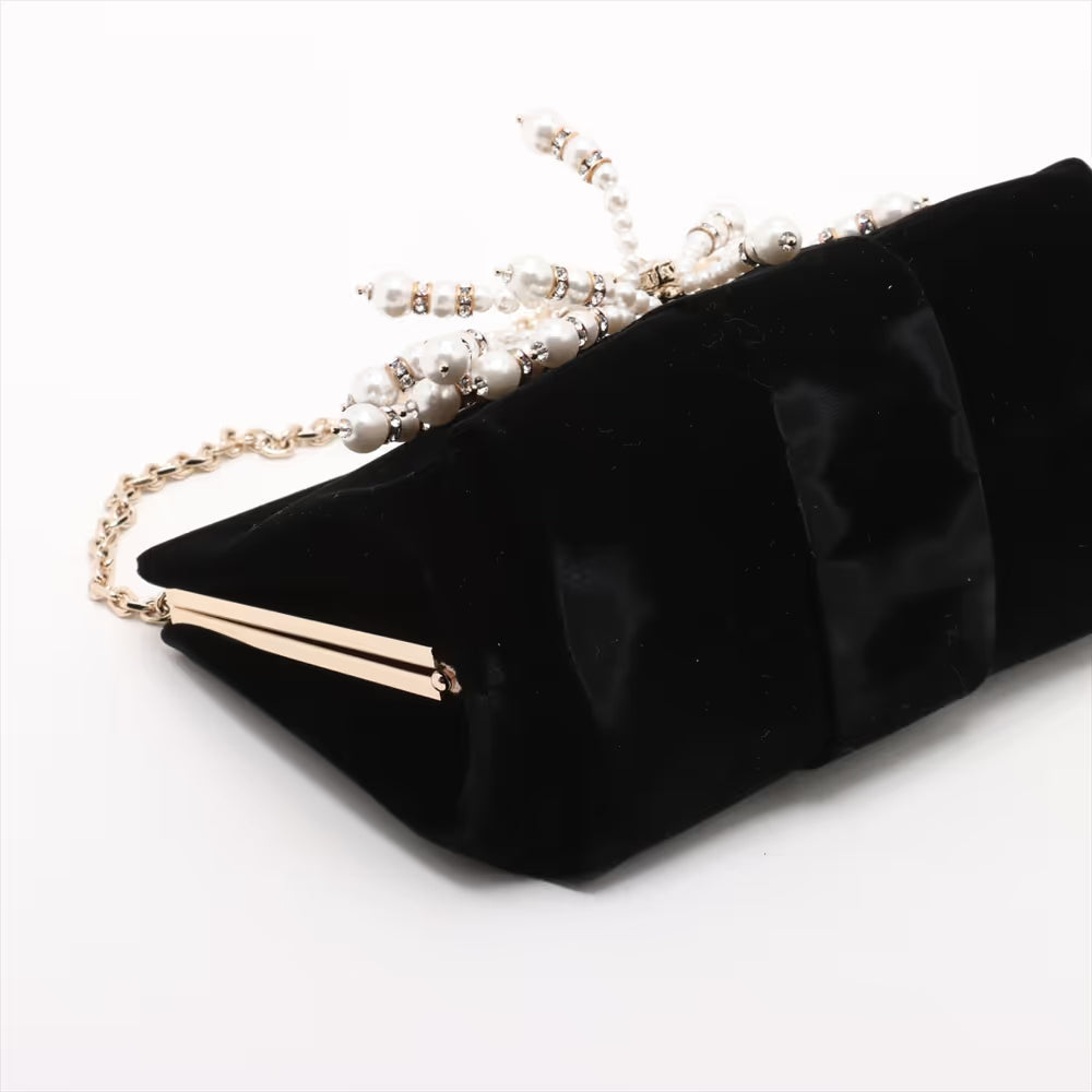 Roger Vivier Velour Rhinestone Pearl Chain Shoulder Bag Black