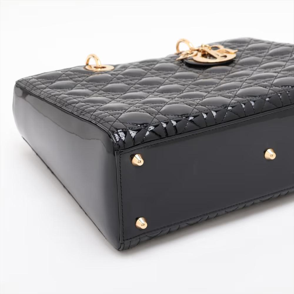 Christian Dior Cannage Lady Dior Large Patent Leather Two-Way Shoulder Bag Black