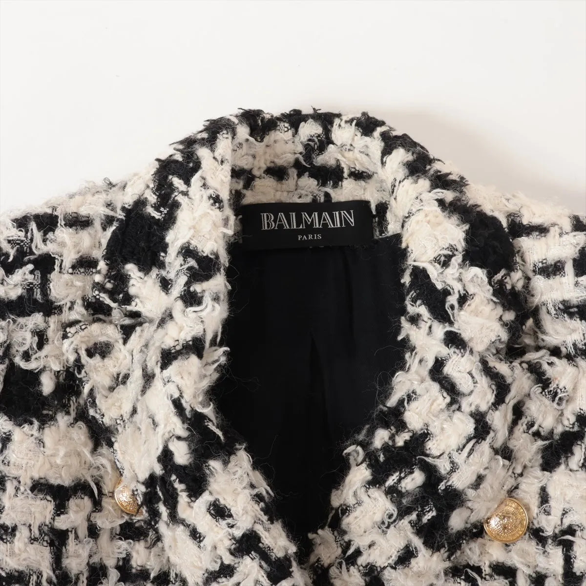 Balmain Tweed Wool Double Breasted Long Coat White x Black