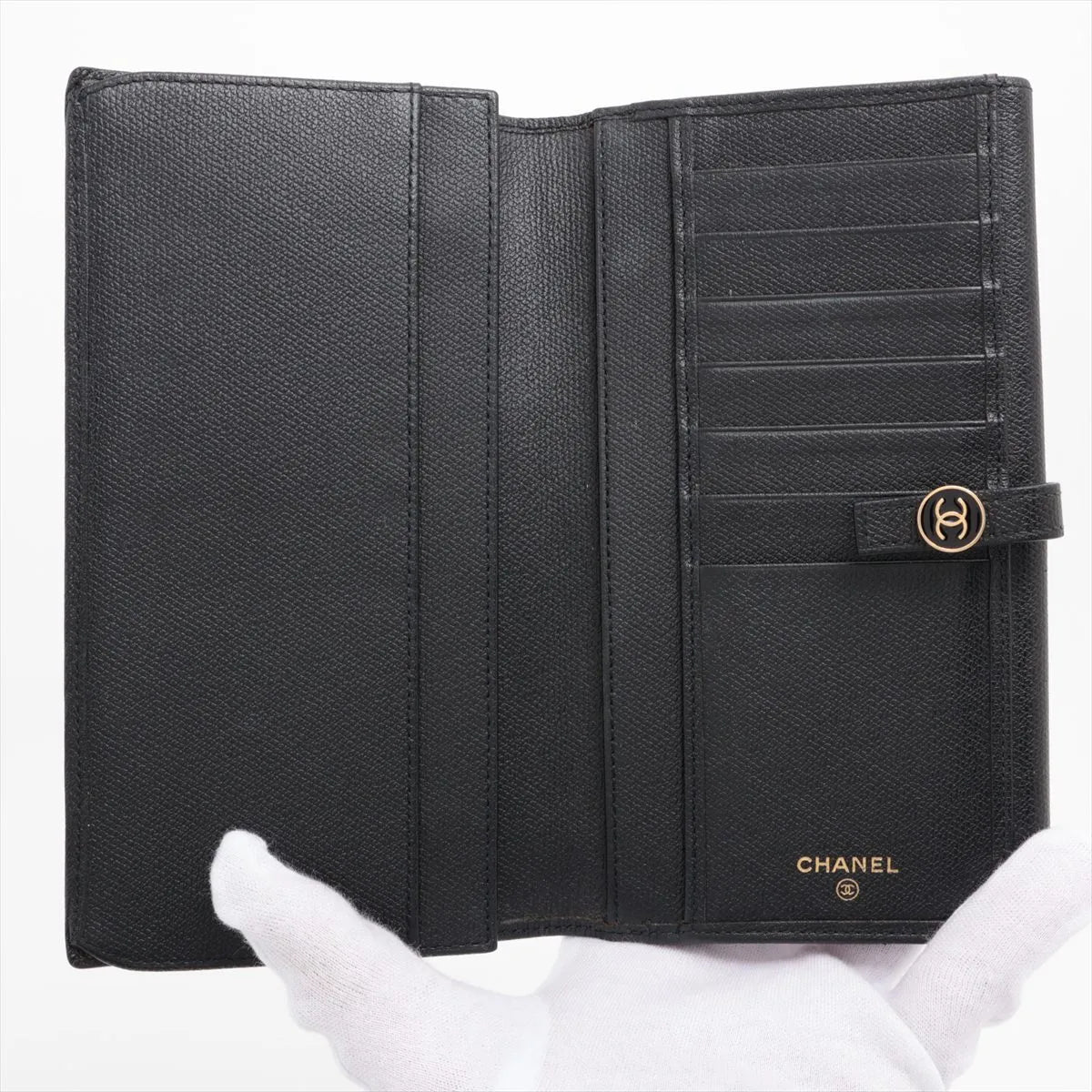 Chanel CC Logo Button Leather Long Wallet Black