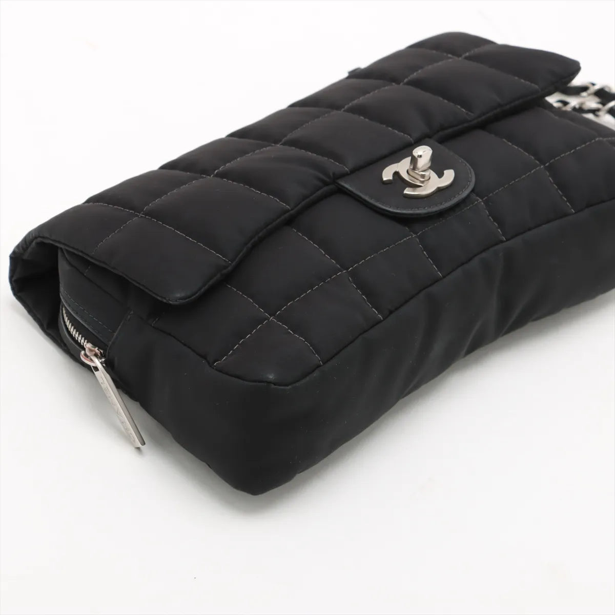 Chanel CC Logo Chocolate Bar Nylon Chain Shoulder Bag Black