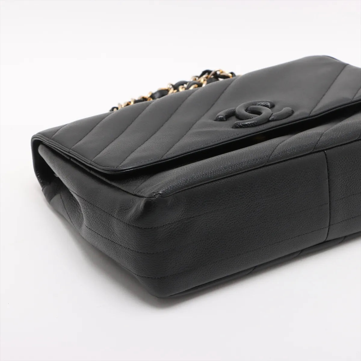 Chanel CC Logo Caviar Skin Single Flap Double Chain Bag Black