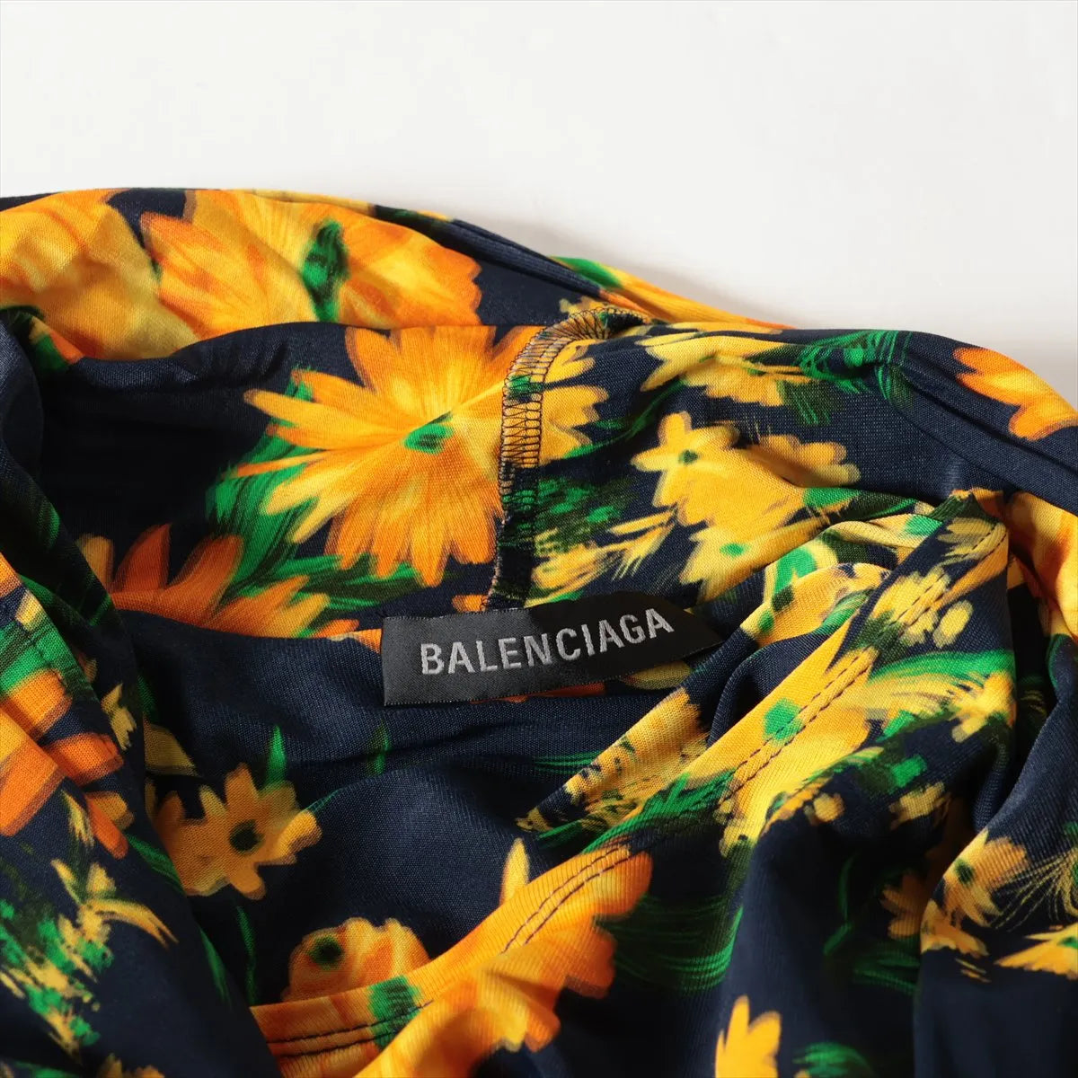 Balenciaga Yellow Floral Rayon Long Sleeve Maxi Dress Navy Blue
