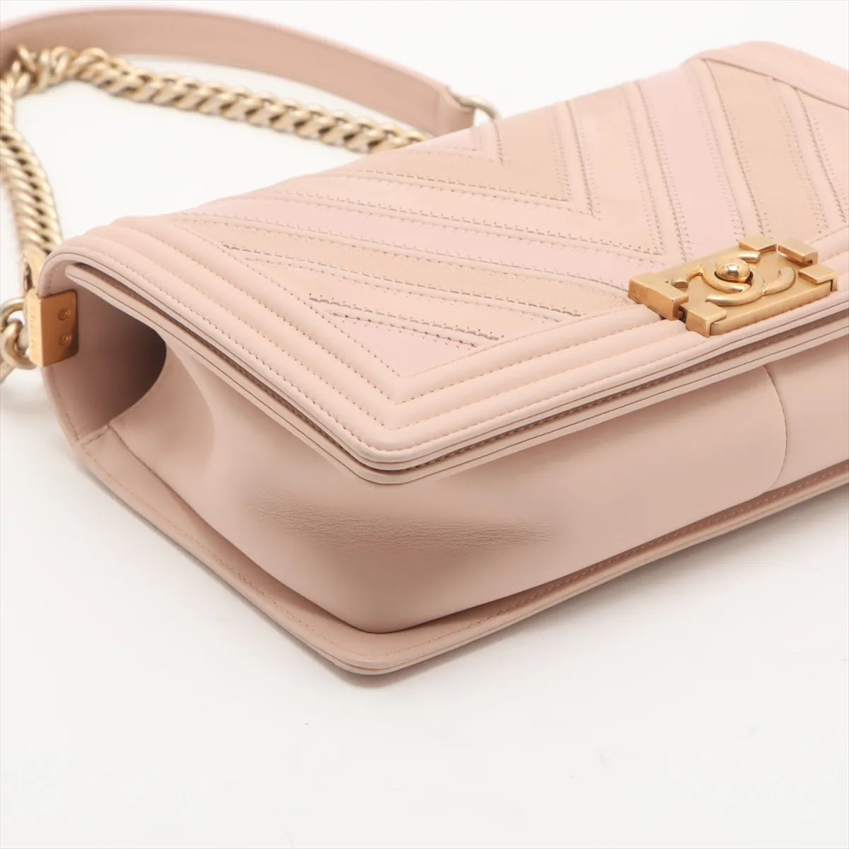 Chanel Boy Chevron V Stitch Chain Shoulder Bag Beige