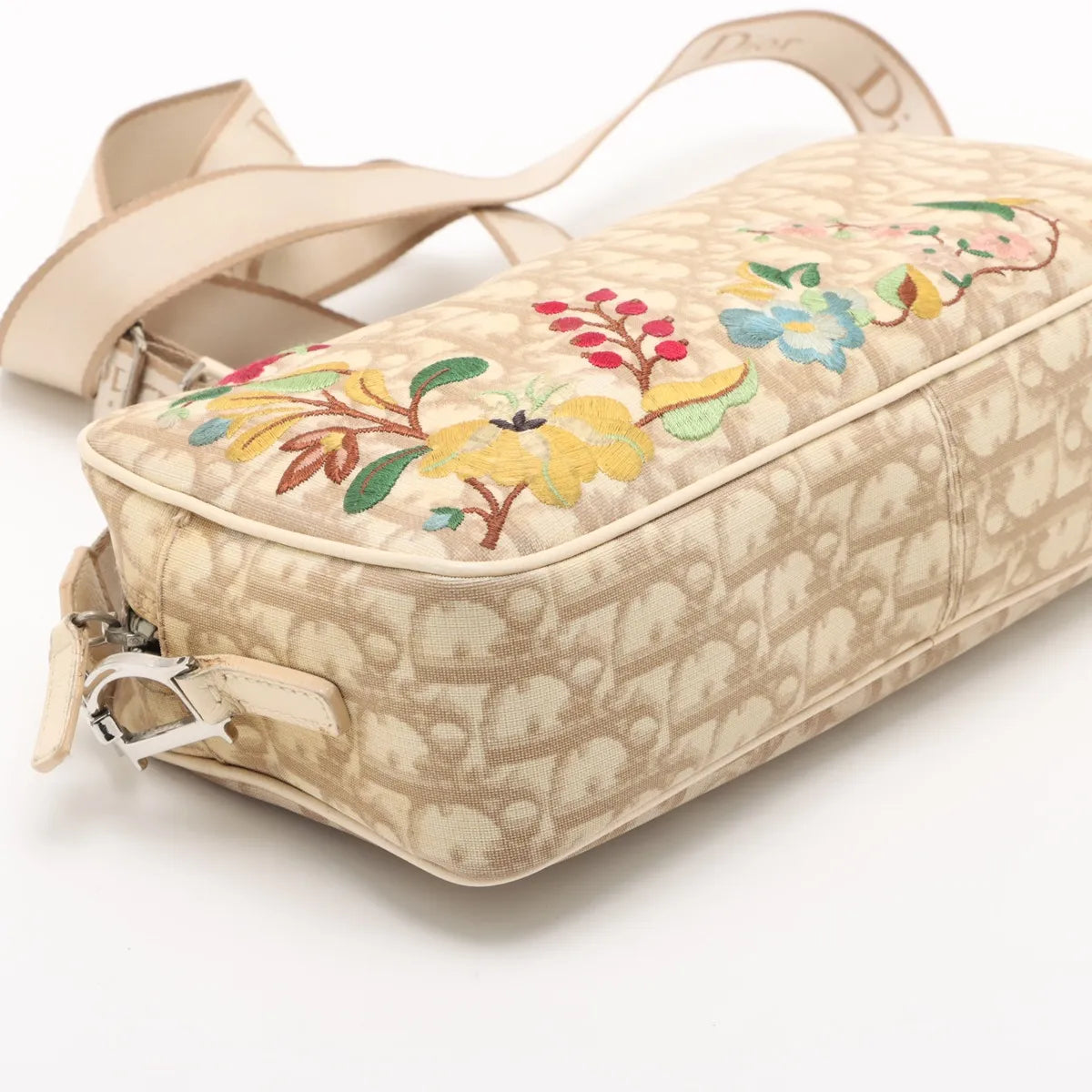 Christian Dior Trotter Embroidered Floral Shoulder Bag Beige