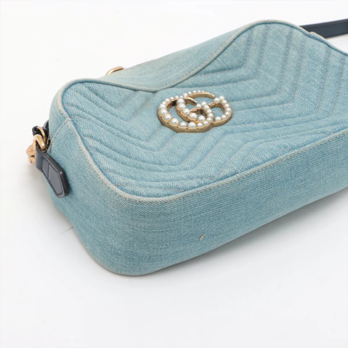 Gucci GG Marmont Pearl Denim Chain Shoulder Bag Blue