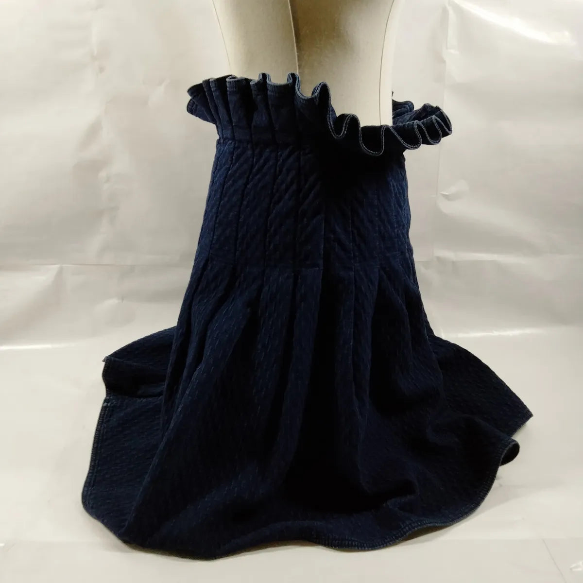 Chanel Ruffled Waist Quilted Cotton Skirt Dark Blue