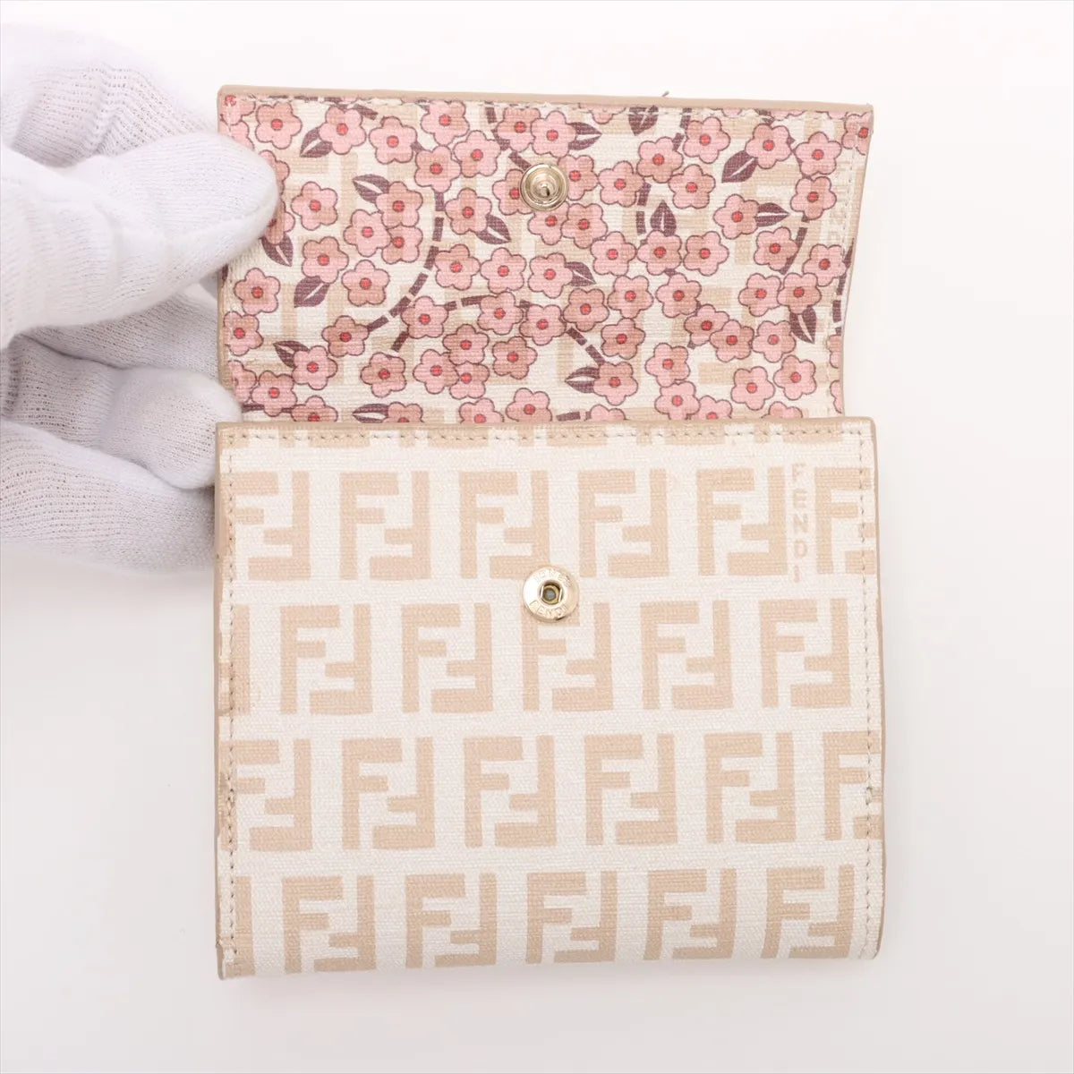 Fendi Zucchino Leather Trifold Compact Wallet Ivory