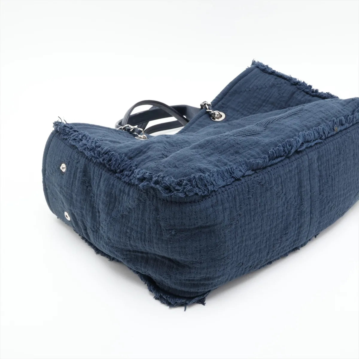 Chanel CC Logo Cotton Leather Chain Fringe Tote Bag Navy Blue