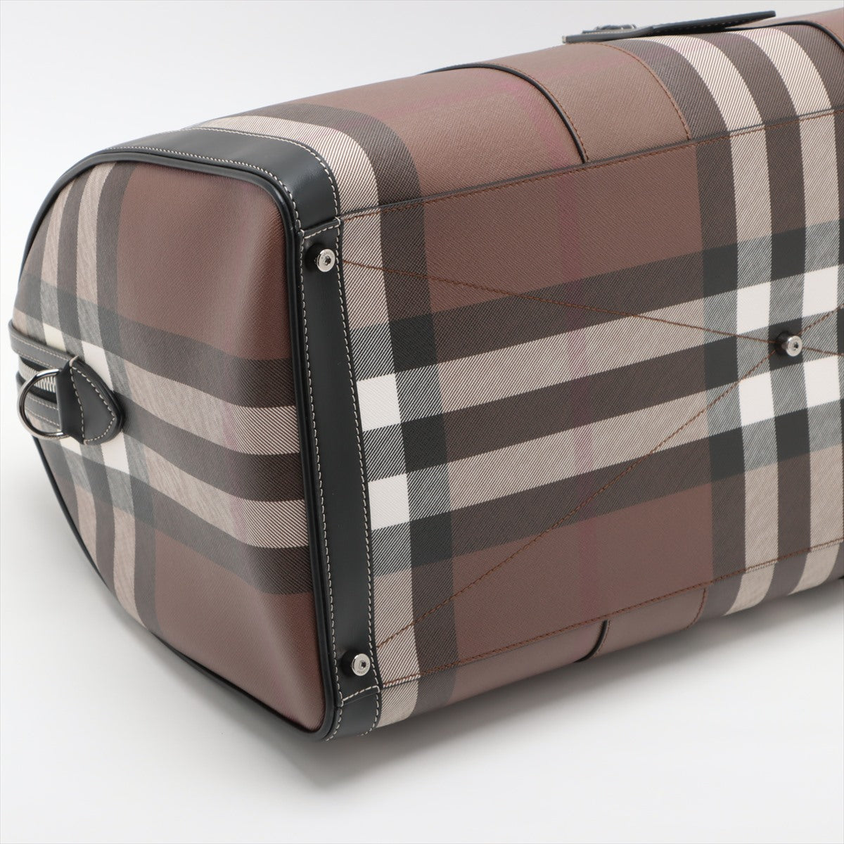 Burberry Check Leather Holdall Boston Bag Brown