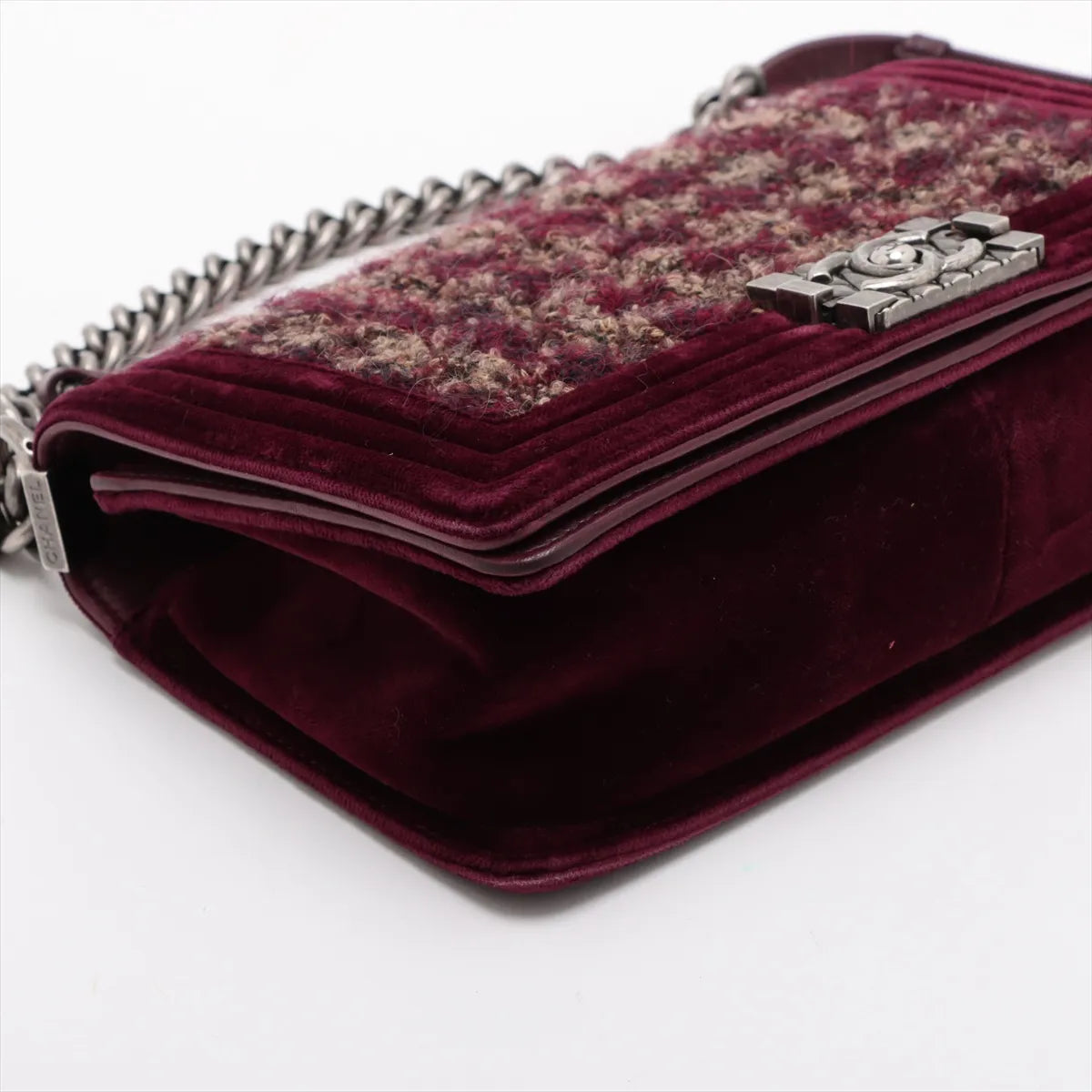 Chanel Boy CHANEL 25 Tweed x Velvet Chain Shoulder Bag Bordeaux