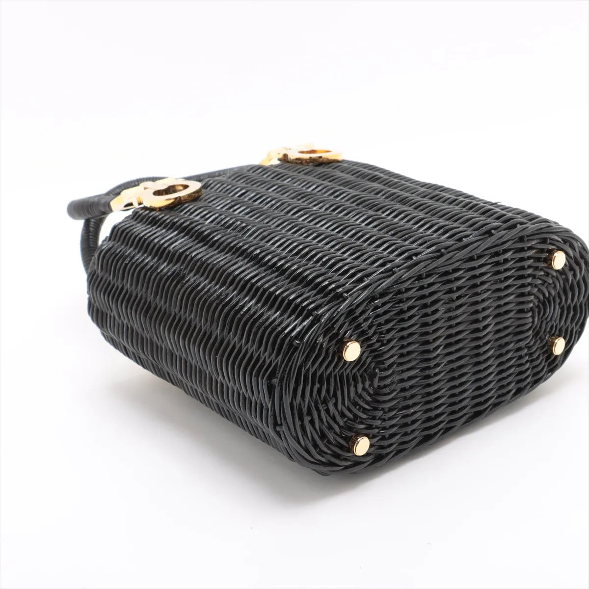 Ferragamo Gancini Rattan Straw Bag Black