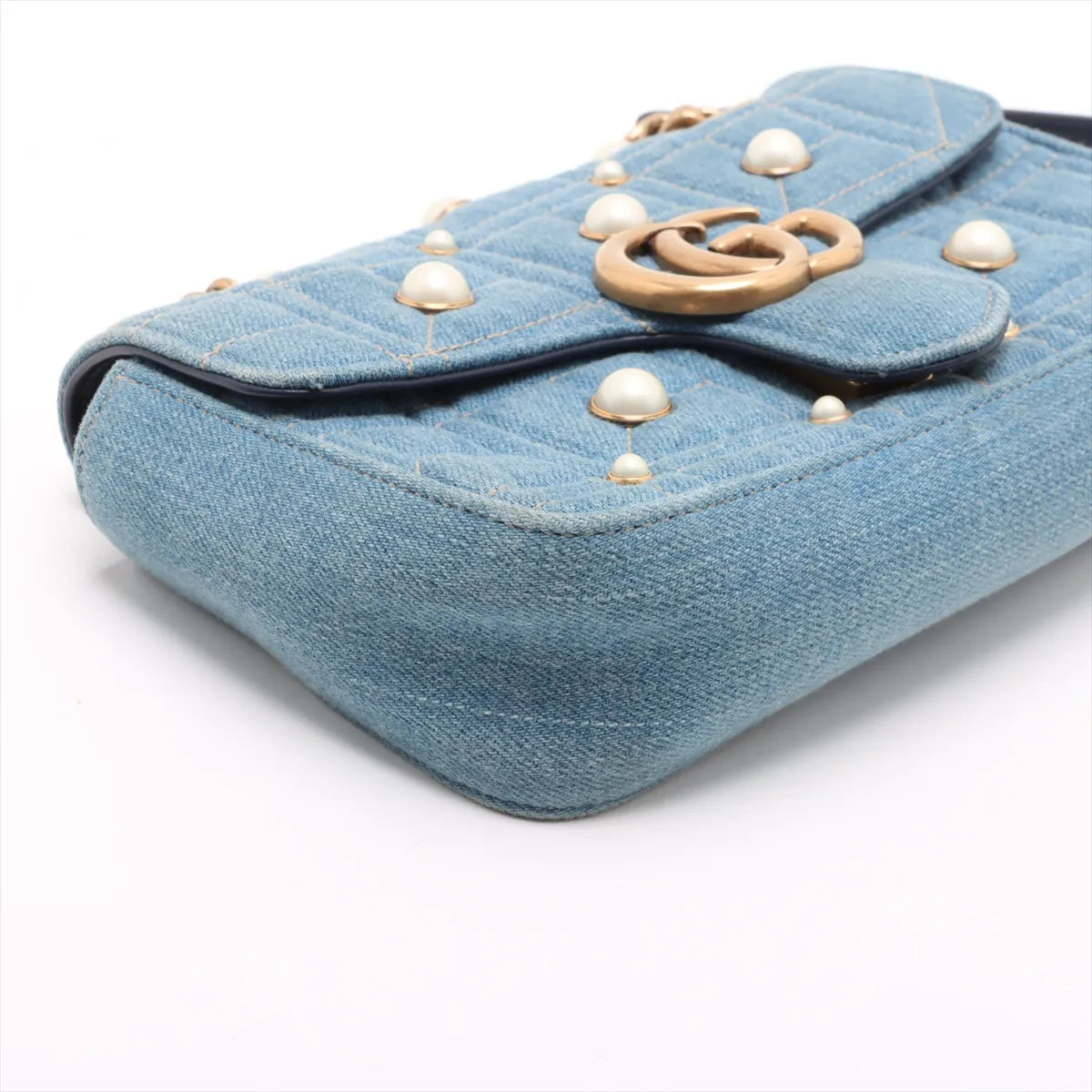Gucci GG Marmont Pearl Stud Denim Chain Shoulder Bag Blue