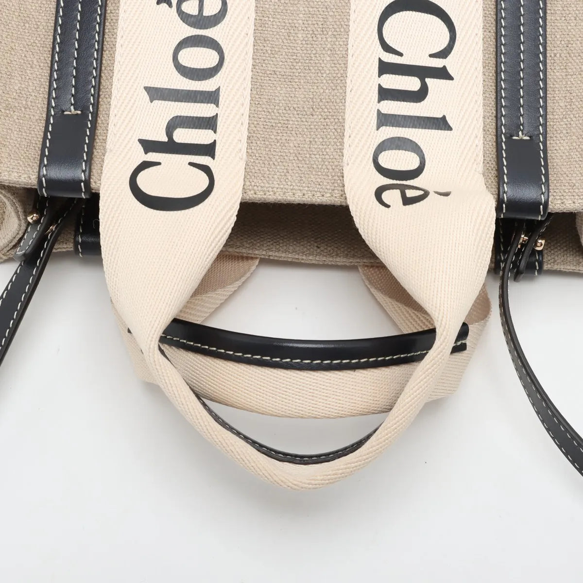 Chloe Woody Small Canvas Leather Two-Way Handbag Beige x Black