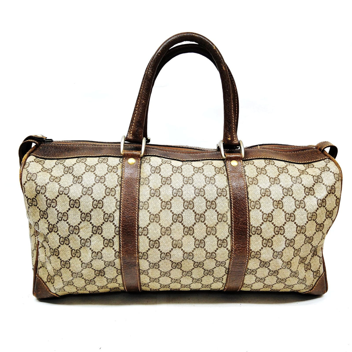 Gucci GG Canvas & Brown Leather Boston Bag — product view