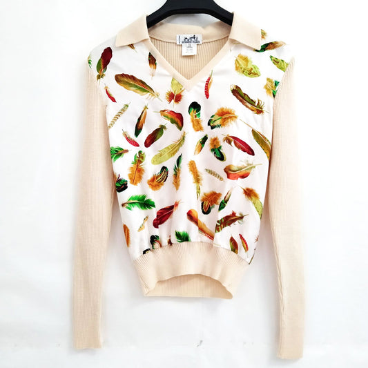 Hermès Feather Print Wool & Silk Top — FR 38 — product view