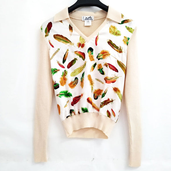 Hermès Feather Print Wool & Silk Top — FR 38