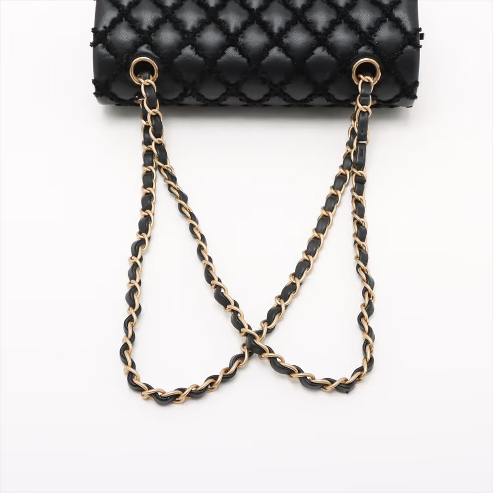 Chanel CC Logo Matelasse Lambskin Fabric Double Flap Double Chain Bag Black