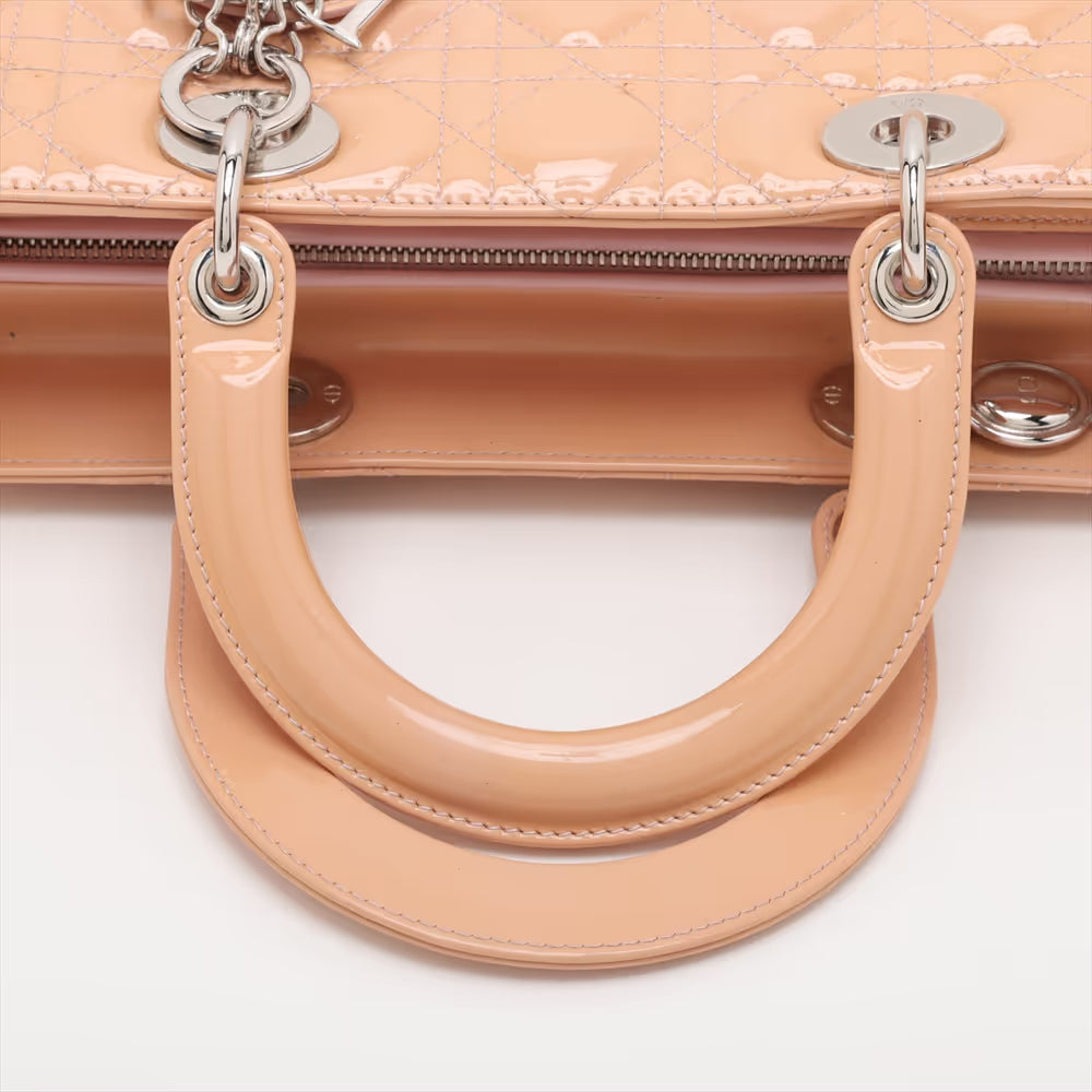Christian Dior Lady Dior Cannage Patent Leather Two-Way Handbag Beige x Pink