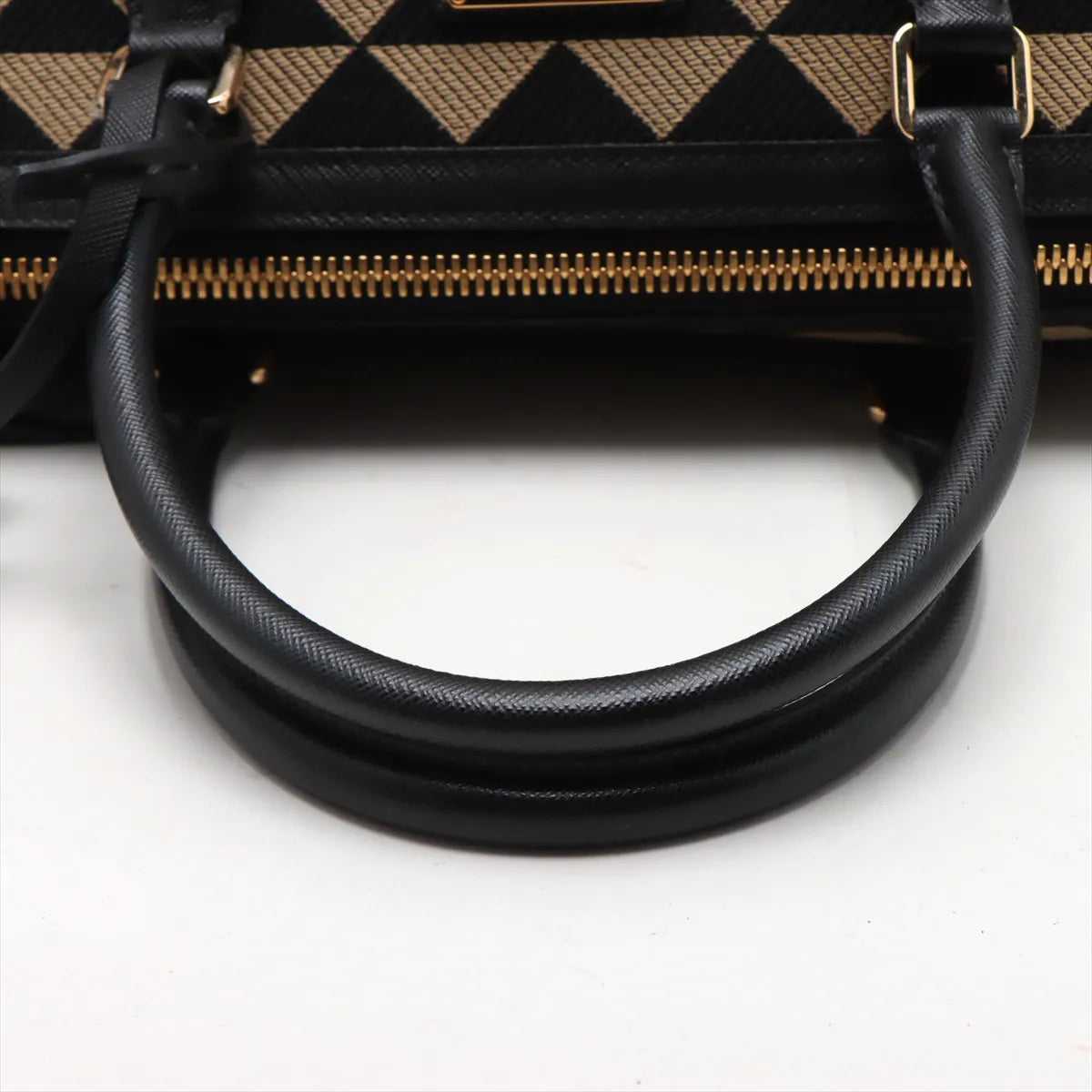 Prada Embroidery Fabric x Leather Two-Way Boston Bag Beige x Black