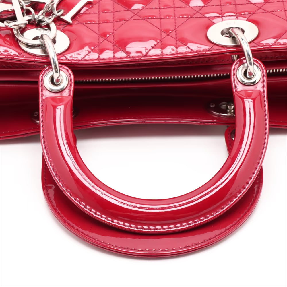 Christian Dior Cannage Lady Dior Large Patent Leather Two-Way Shoulder Bag Red