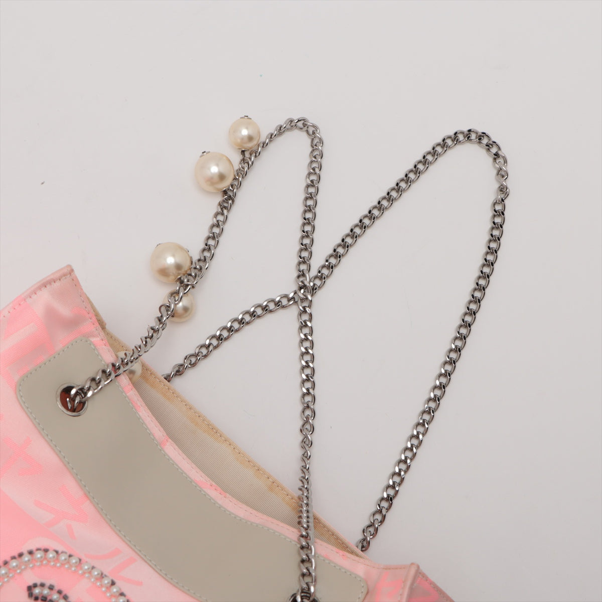 Chanel CC Logo Nylon Pearl Chain Tote Bag Pink