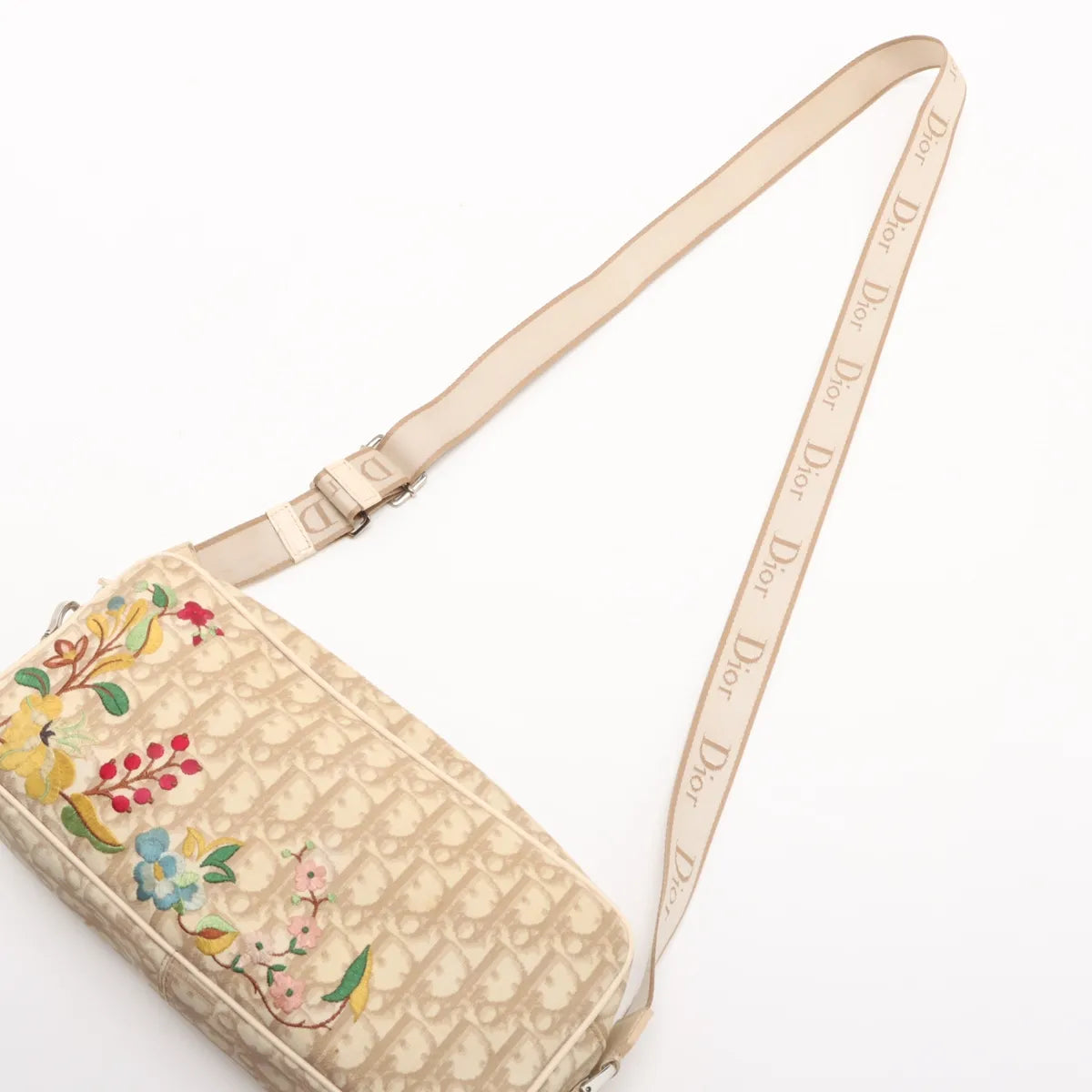 Christian Dior Trotter Embroidered Floral Shoulder Bag Beige