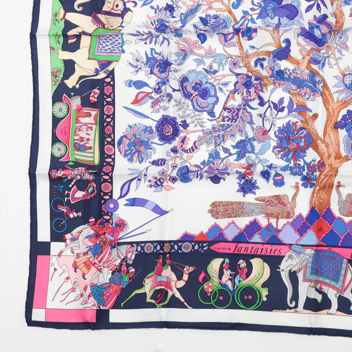 Hermès Carré 90 Fantaisies Indiennes Dazzling India Silk Scarf Navy Blue