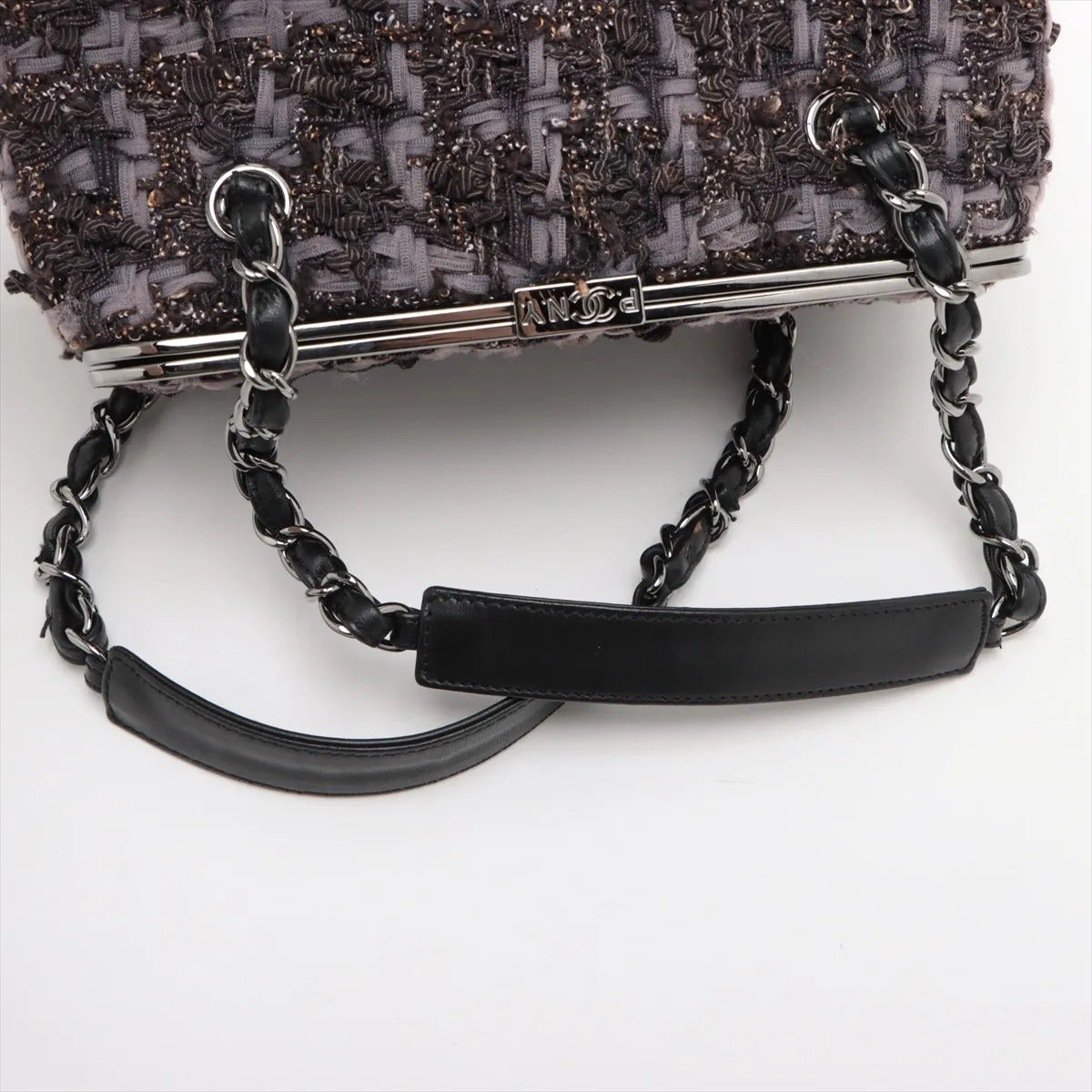 Chanel Paris New York Line Tweed Vanity Chain Handbag Gray X Black