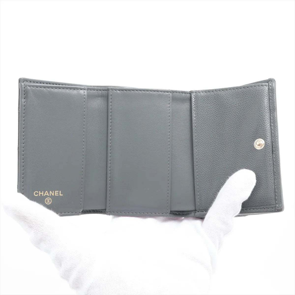 Chanel CC Logo Matelasse Caviar Skin Compact Wallet Gray