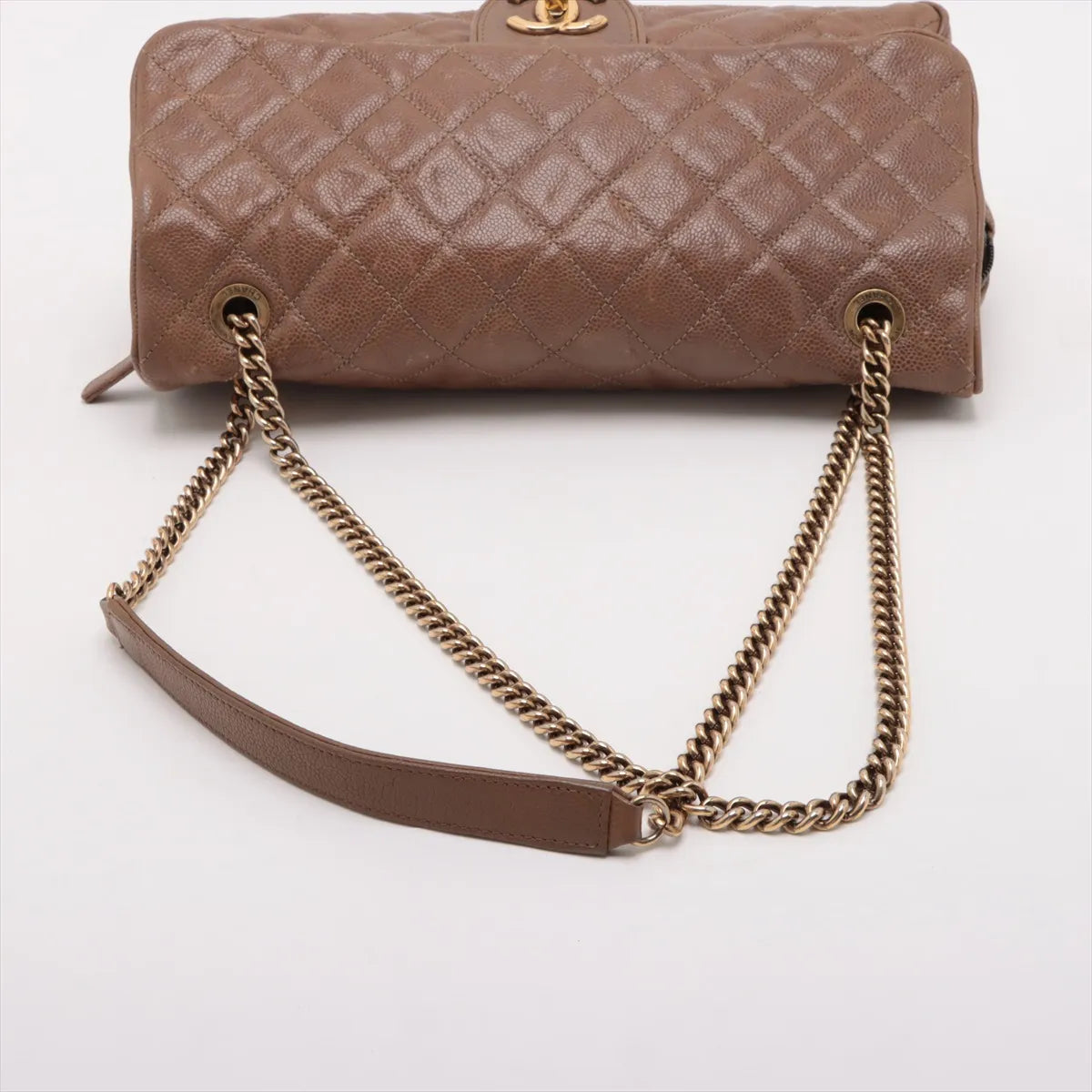 Chanel CC Logo Matelasse Caviar Skin Single Flap Double Chain Bag Brown