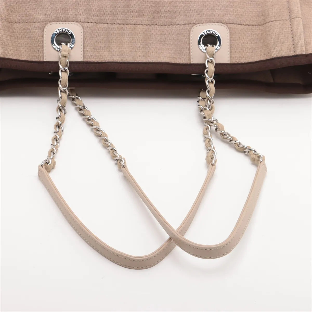Chanel Deauville MM Canvas Leather Chain Tote Bag Beige
