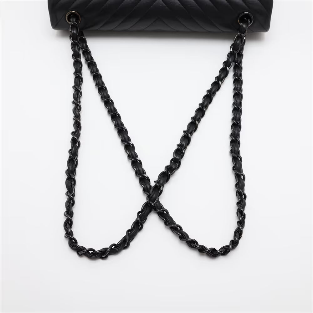 Chanel Chevron Stitch Lambskin Double Flap Double Chain Bag Black